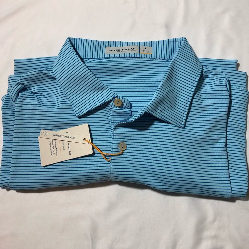 Nwt Peter Millar featherweight upf 50+ blue striped polo L fox hopyard golf - Picture 9 of 9